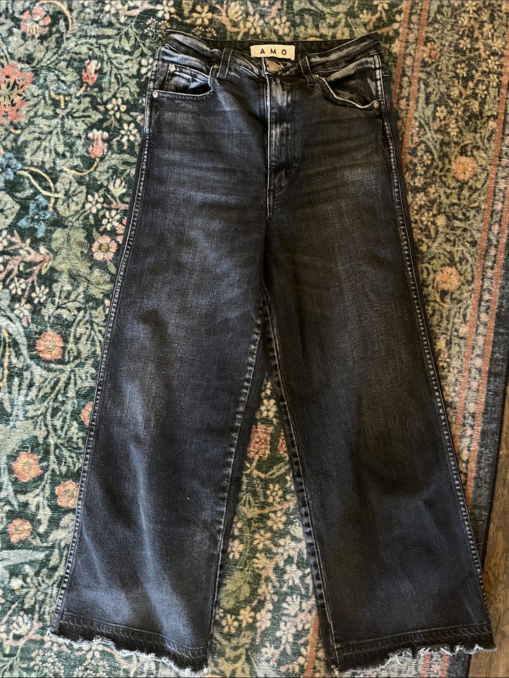 AMO Black Wide-Leg Raw Hem Jeans